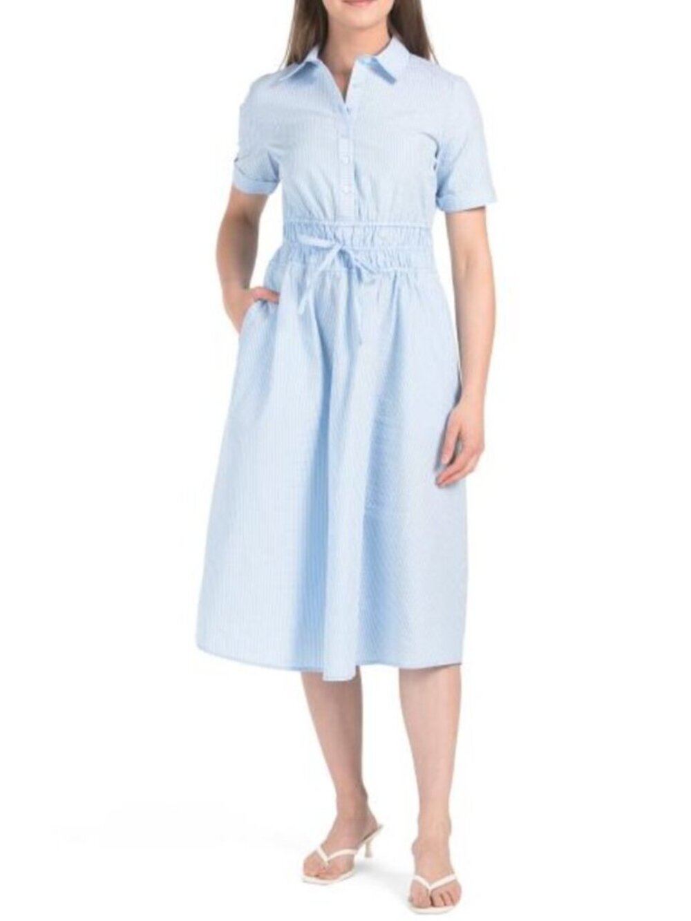 NANETTE LEPORE Seersucker Waist Pleated Striped Collared Shirt Dress